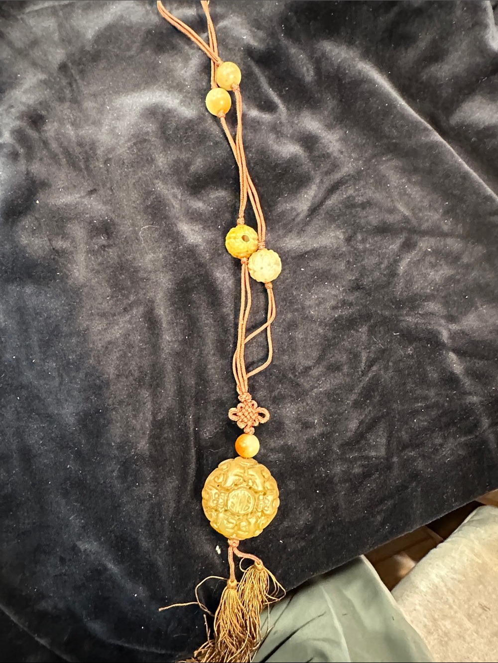Yellow Carved Pendant Necklace with Beaded Cord and Tassel